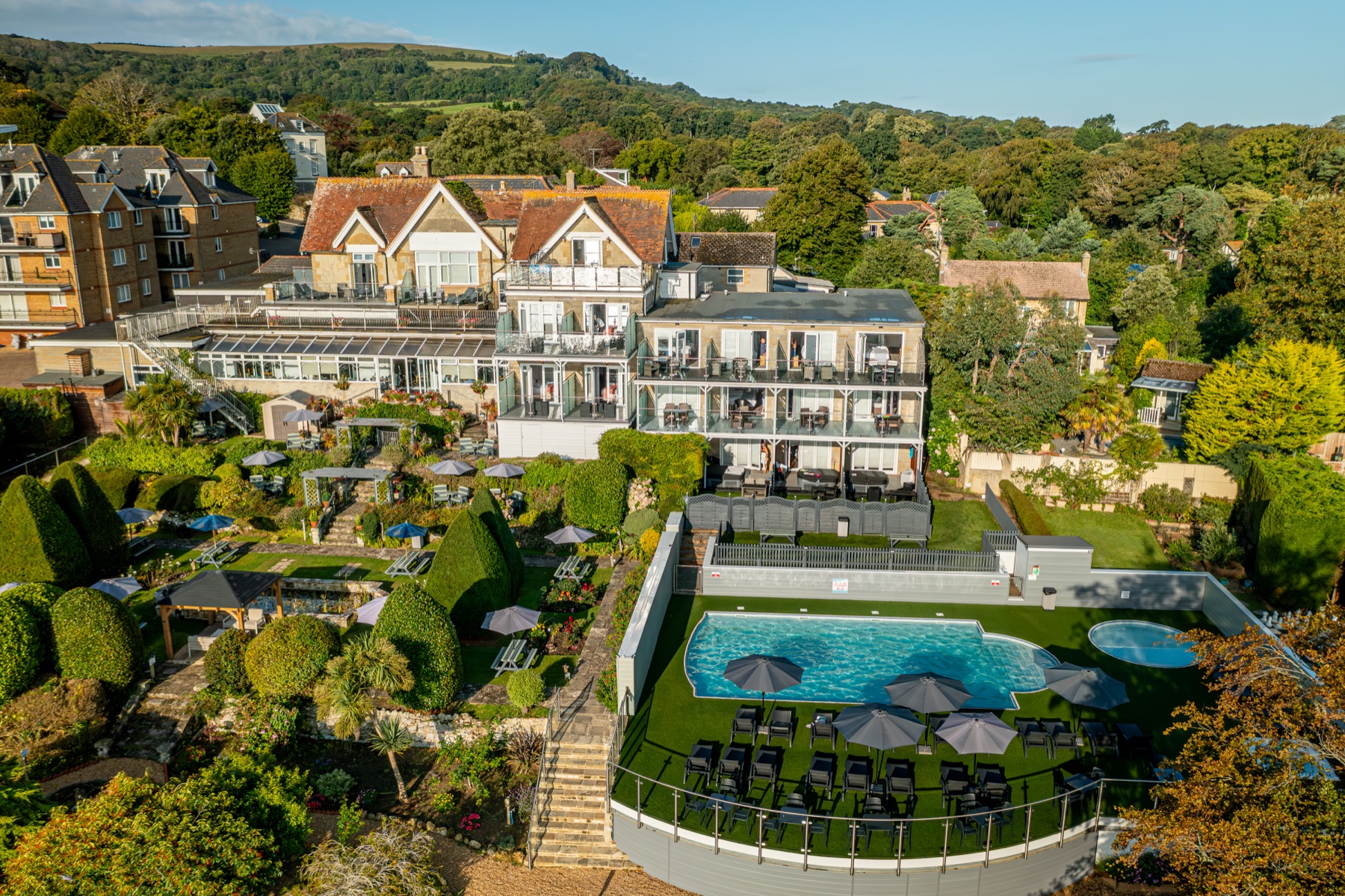 Luccombe Hall Hotel, gardens and outdoor pool from the air, Shanklin