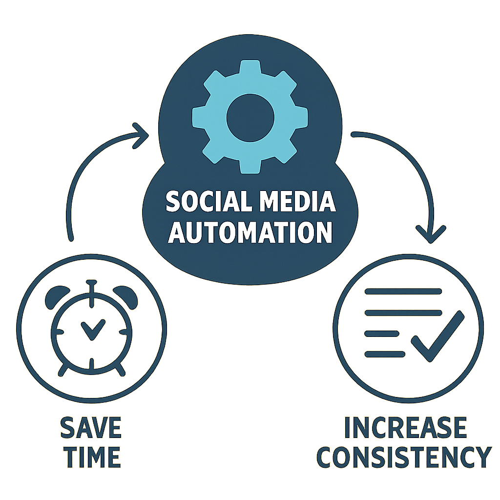 Diagram showing benefits of social media automation like saving time and increasing consistency