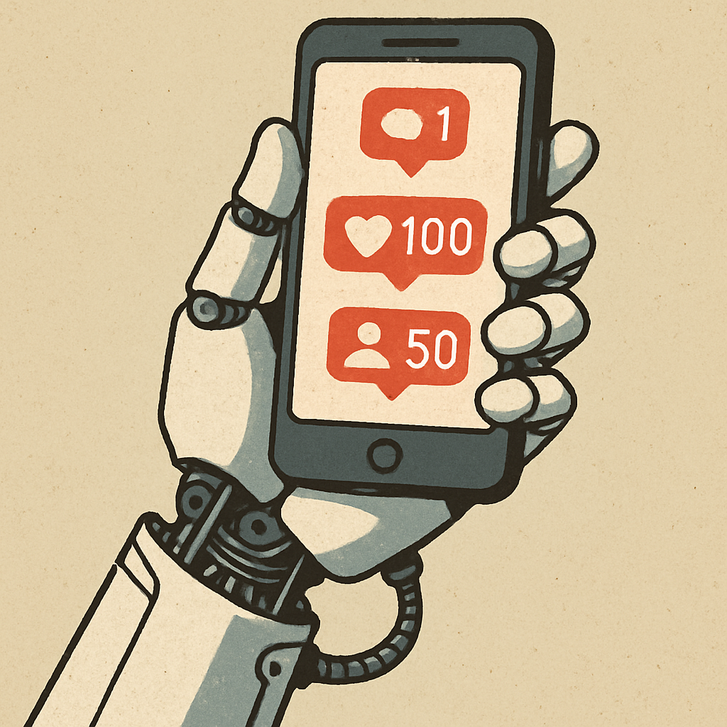 Illustration of a robotic hand holding a mobile phone, symbolizing over-automation in social media