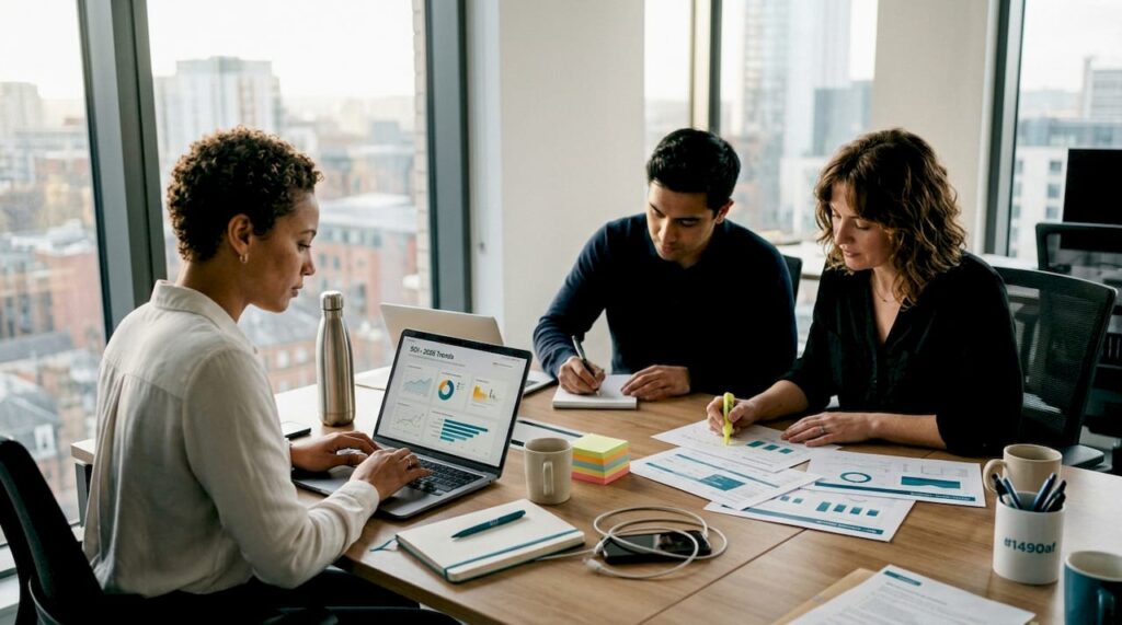 Marketing team collaborating at corner office table