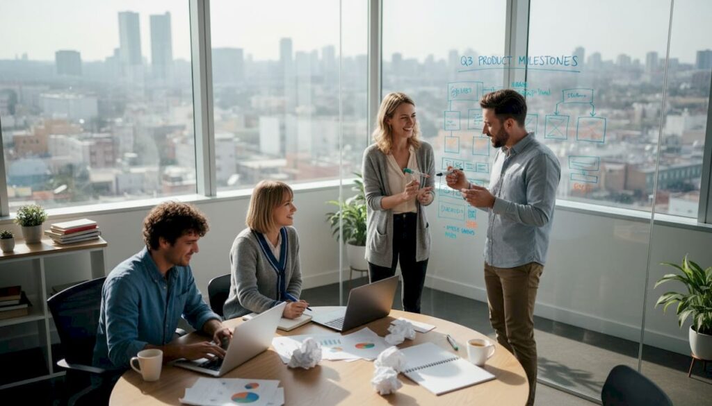 SaaS team planning product roadmap at whiteboard