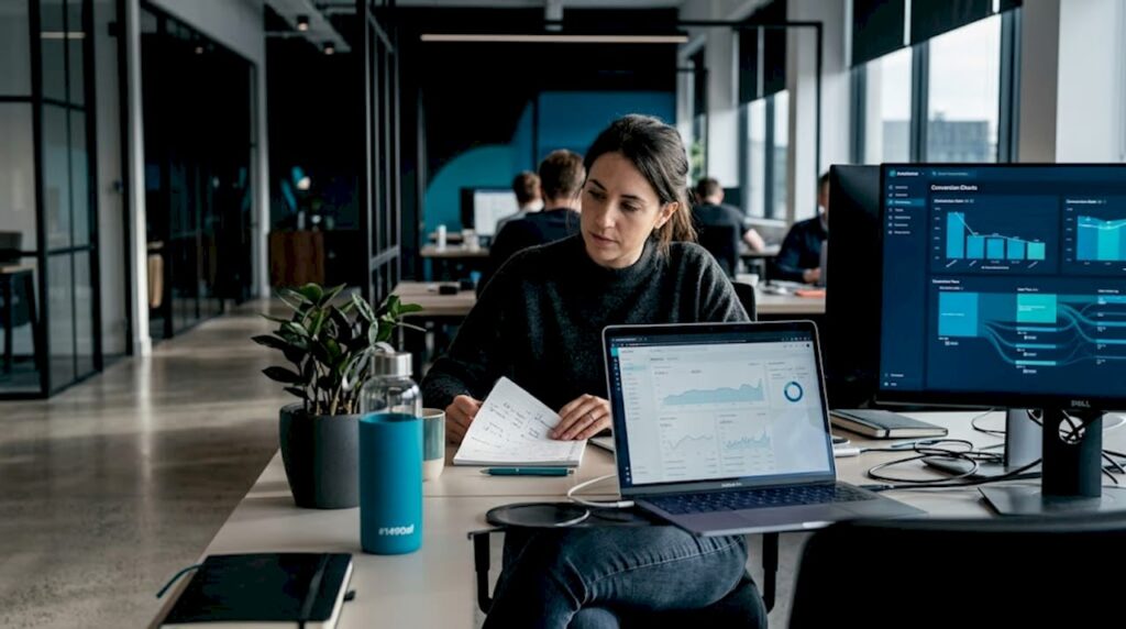 SaaS manager comparing metrics at shared desk