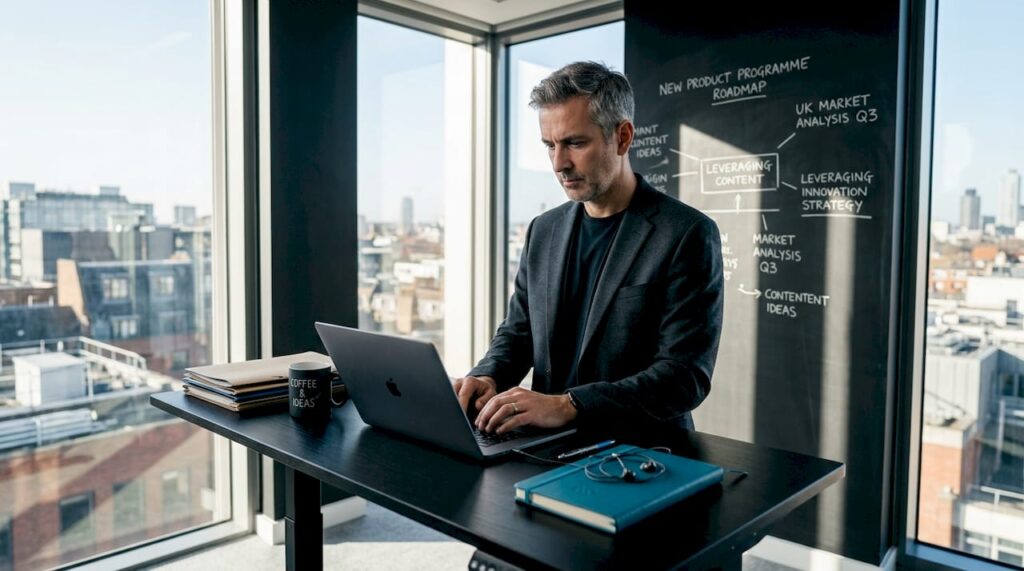 SaaS founder writing blog post in corner office