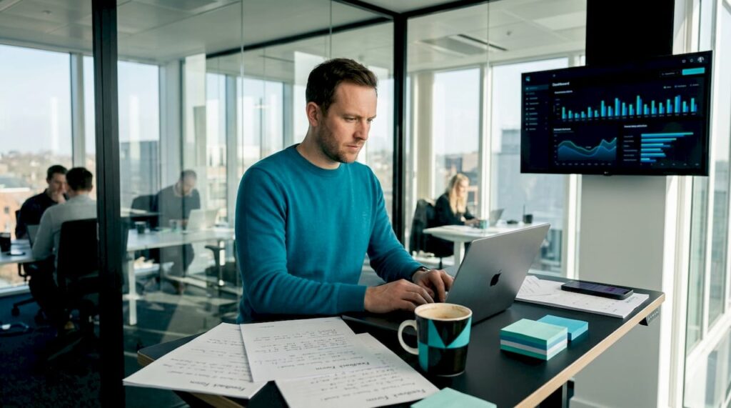 SaaS founder analyzing user research at desk