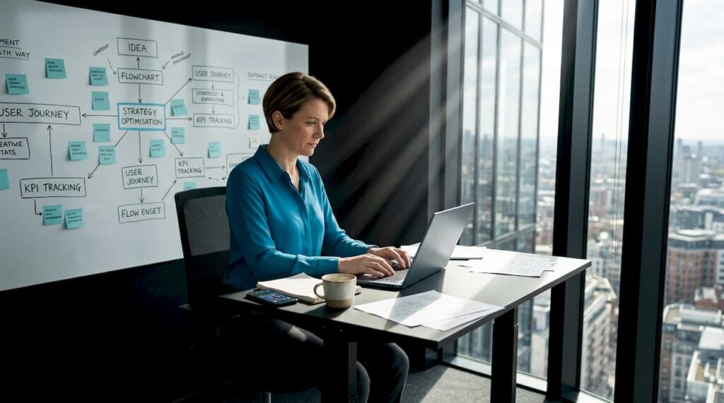 Strategist working at desk with notes and diagrams