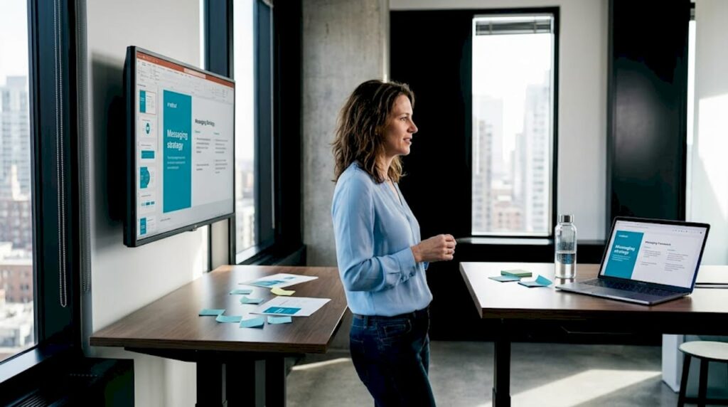 Manager reviewing SaaS messaging slides