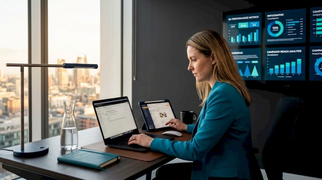 Strategist multitasking on email and social apps