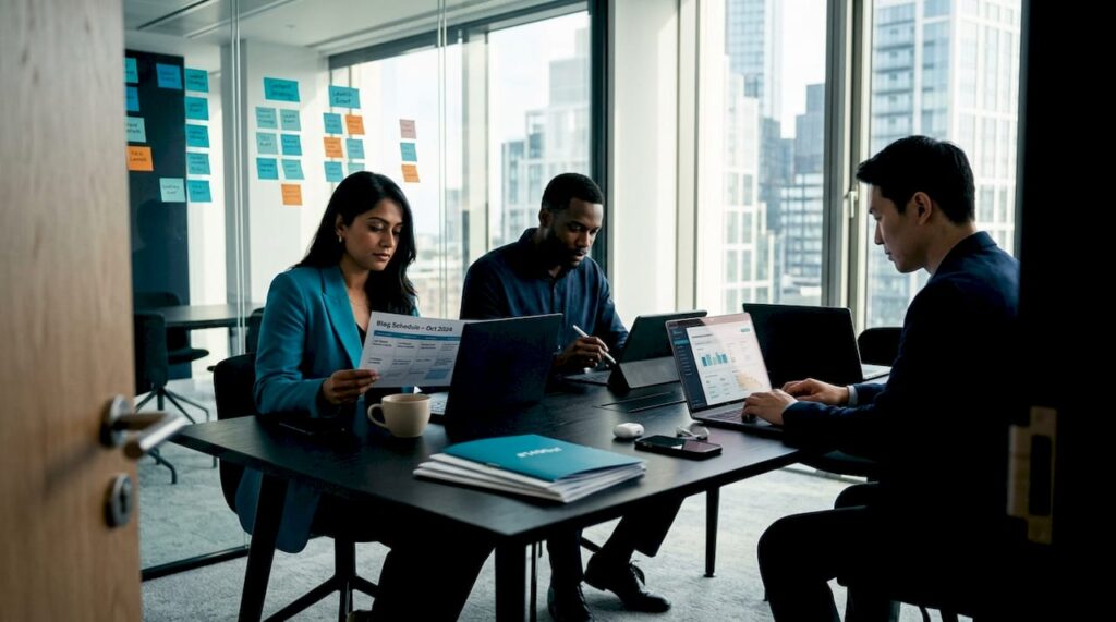B2B team collaborates in bright meeting room